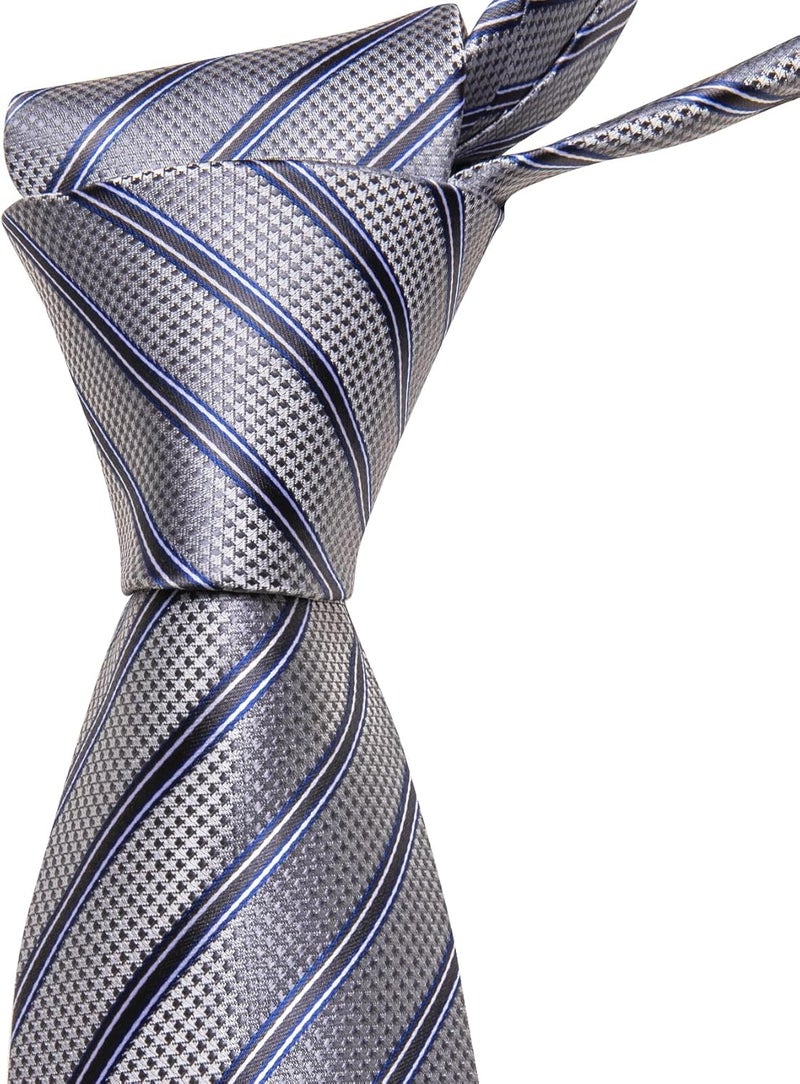Barry.Wang Store Tie Sets for Men Silk Stripe Necktie Woven Checkered Handkerchief Cufflinks Formal Business Wedding - Image 5